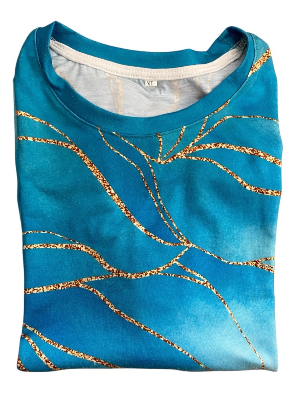 NEW Gradient Teal Green Blue & White Short Sleeve Top Gold with Marbled Accent - Picture 5 of 10